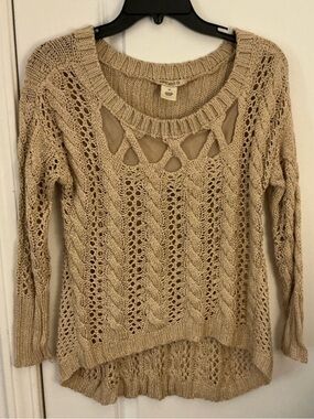 Arden B Boho Open Knit Cable Crochet Sweater Lattice Cutout Beige XS